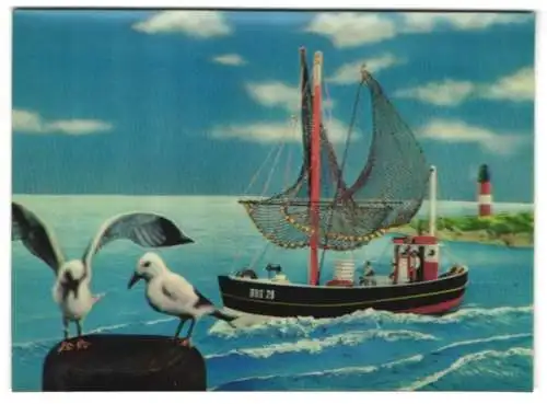 3D-AK Ein Fischkutter an der Küste, im Vordergrund zwei Möwen