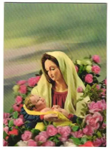3D-AK Maria mit Jesus zwischen Rosen