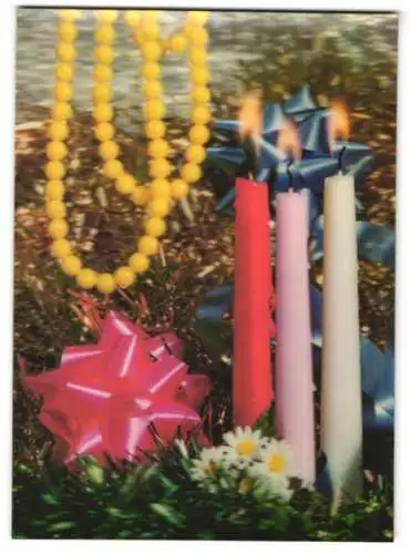 3D-AK Brennende Kerzen und Geschenkschleifen zum Weihnachtsfest