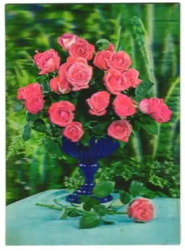 AK 3D-Karte, Rosenstrauss in Vase