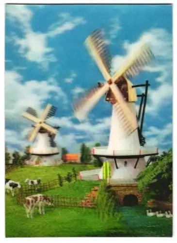 3D-AK Kuhweide mit Windmühlen und Bach mit Gänsen