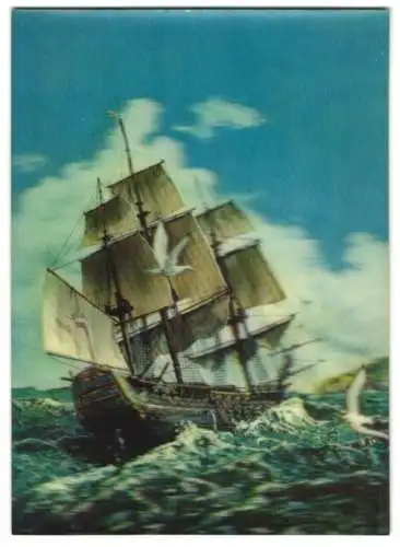 3D-AK Segelschiff auf rauem Meer, Möwen