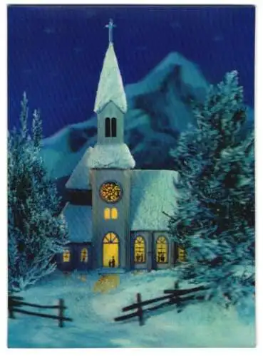 3D-AK Kirche bei Nacht im Schnee