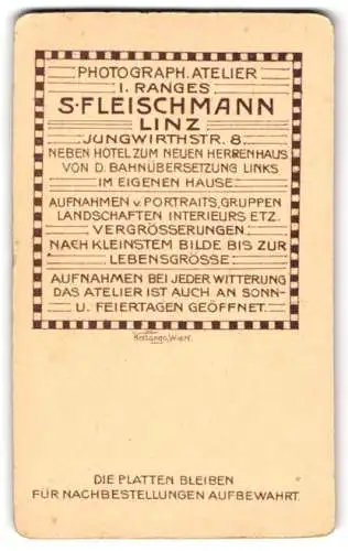 Fotografie S. Fleischmann, Linz, Jungwirthstr. 8, Anschrift des Ateliers und Dienstleistungen des Fotografen im Rahmen