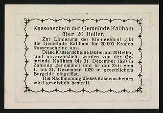 Notgeld Kallham 1920, 20 Heller, Ortspartie mit Kirche