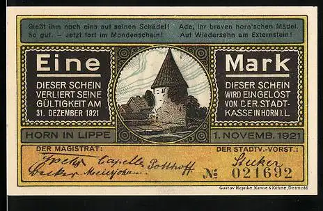 Notgeld Horn in Lippe 1921, 1 Mark, Ortspartie mit Turm