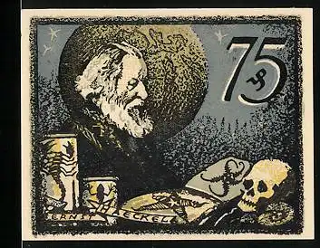 Notgeld Jena 1921, 75 Pfennig, Portrait von Ernst Haeckel, Totenkopf