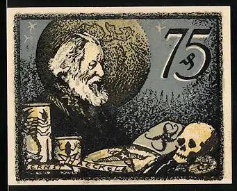 Notgeld Jena 1921, 75 Pfennig, Portrait von Ernst Haeckel, Totenkopf