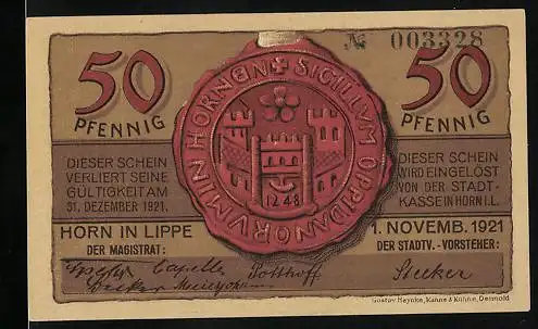 Notgeld Horn in Lippe 1921, 50 Pfennig, Die Externsteine anno domini 1665, Stadtsiegel