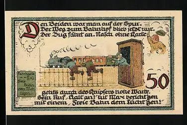 Notgeld Gatersleben 1921, 50 Pfennig, Max und Moritz an der Eisenbahn