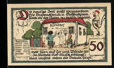 Notgeld Gatersleben 1921, 50 Pfennig, Max und Moritz hören Michels-Hof-Musik
