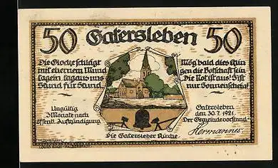 Notgeld Gatersleben 1921, 50 Pfennig, Max und Moritz bei Hamster Ängstlich, Die Gatersleber Kirche