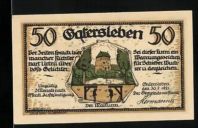 Notgeld Gatersleben 1921, 50 Pfennig, Max und Moritz an der Bahn, Der Walturm