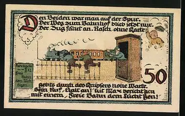 Notgeld Gatersleben 1921, 50 Pfennig, Max und Moritz an der Bahn, Der Walturm