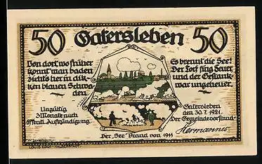 Notgeld Gatersleben 1921, 50 Pfennig, Der See-Brand von 1911