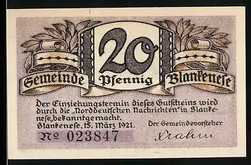 Notgeld Blankenese 1921, 20 Pfennig, Uferpartie mit Dampfer