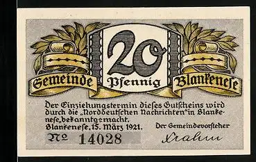 Notgeld Blankenese 1921, 20 Pfennig, Uferpartie mit Dampfer