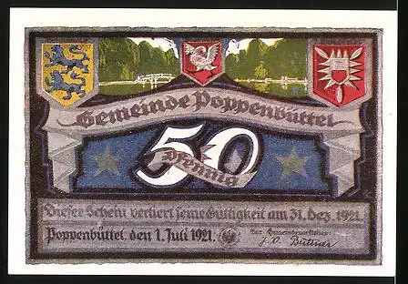 Notgeld Poppenbüttel 1921, 50 Pfennig, Hohenbuchen, Wappen