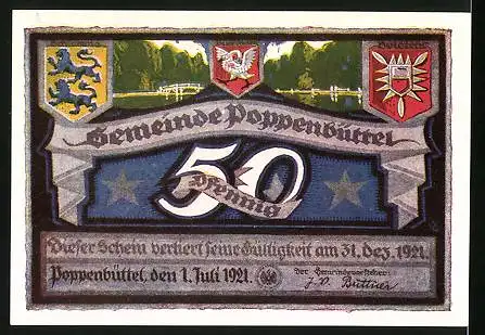 Notgeld Poppenbüttel 1921, 50 Pfennig, Alsterpartie, Wappen