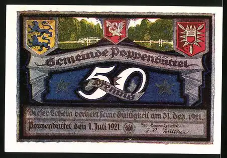 Notgeld Poppenbüttel 1921, 50 Pfennig, Hellenburger Schleuse, Wappen
