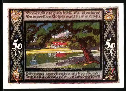 Notgeld Poppenbüttel 1921, 50 Pfennig, Dorfteich in Wellingsbüttel, Wappen