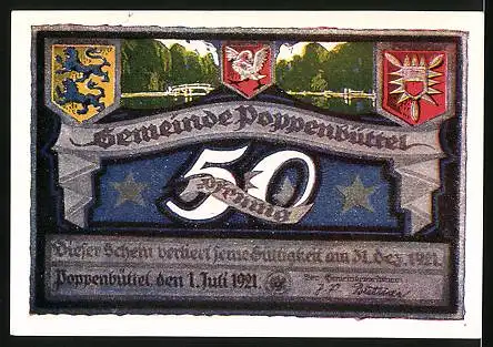 Notgeld Poppenbüttel 1921, 50 Pfennig, Dorfteich in Wellingsbüttel, Wappen