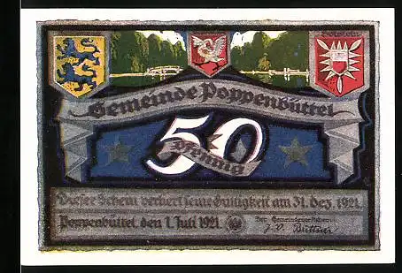 Notgeld Poppenbüttel 1921, 50 Pfennig, Wappen und Brücke über den Fluss