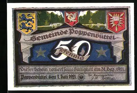 Notgeld Poppenbüttel 1921, 50 Pfennig, Brücke ber die Alster, Wappen