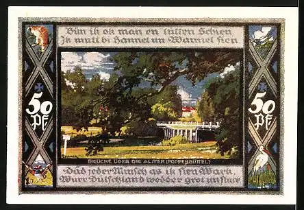 Notgeld Poppenbüttel 1921, 50 Pfennig, Brücke ber die Alster, Wappen