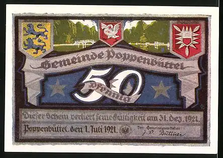 Notgeld Poppenbüttel 1921, 50 Pfennig, Henneberg`s Park, Wappen