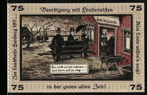 Notgeld Neugraben-Hausbruch 1921, 75 Pfennig, Männer mit Sarg am Gasthaus