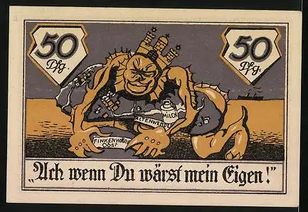 Notgeld Altenwerder-Finkenwärder 1921, 50 Pfennig, Riese mit Obst und Milch