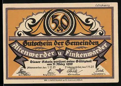 Notgeld Altenwerder-Finkenwärder 1921, 50 Pfennig, Klaue greift nach Obst und Milch