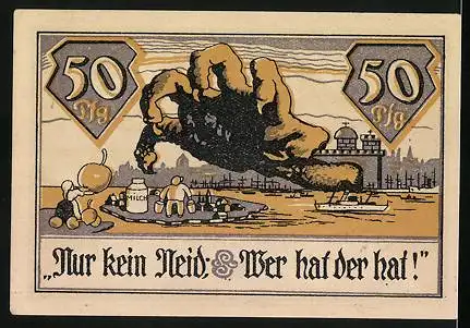 Notgeld Altenwerder-Finkenwärder 1921, 50 Pfennig, Klaue greift nach Obst und Milch