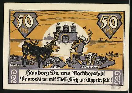 Notgeld Altenwerder-Finkenwärder 1921, 50 Pfennig, Burg und Bauer mit Kuh