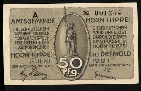 Notgeld Horn /Lippe 1921, 50 Pfennig, Römer zu Pferde, Krieger