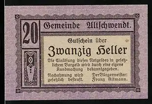 Notgeld Altschwendt 1920, 20 Heller, Gutschein