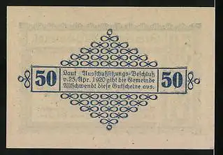 Notgeld Altschwendt 1920, 50 Heller, Gutschein