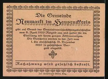 Notgeld Neumarkt im Hausruckkreis 1920, 10 Heller, Krieger mit Fahne, Calvarienberg