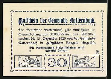 Notgeld Natternbach 1920, 30 Heller, Vaterhaus des Joh. Nep. Hauser, Landeshauptmann