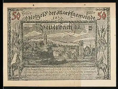 Notgeld Peuerbach /O.-Ö. 1920, 50 Heller, Ortspartie mit Kirche