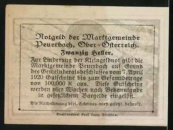 Notgeld Peuerbach /O.-Ö. 1920, 20 Heller, Ortspartie mit Kirche