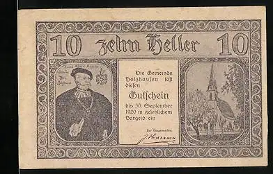Notgeld Holzhausen 1920, 10 Heller, Portrait, Kirche, Gebäude