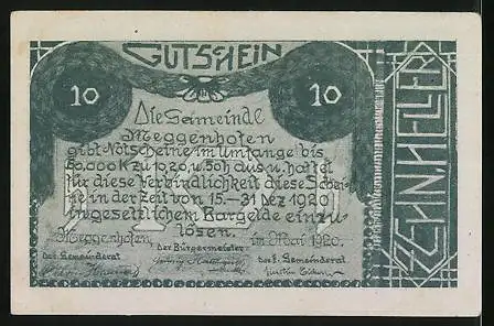 Notgeld Meggenhofen 1920, 10 Heller, Wagen und Ähren