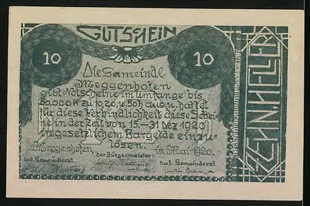 Notgeld Meggenhofen 1920, 10 Heller, Wagen und Ähren