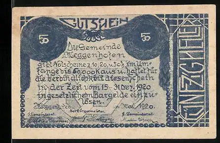 Notgeld Meggenhofen 1920, 50 Heller, Ortsansicht