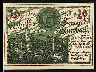 Notgeld Peuerbach 1920, 20 Heller, Ortsansicht mit Turm, Wappen