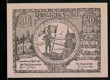 Notgeld Neumarkt 1920, 20 Heller, Ritter mit Fahne