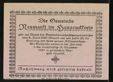 Notgeld Neumarkt 1920, 20 Heller, Ritter mit Fahne