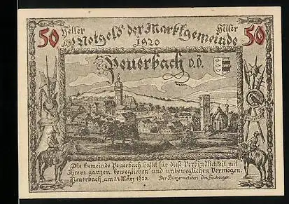 Notgeld Peuerbach 1920, 50 Heller, Ortsansicht mit Turm u. Wappen, Ritter und Landknecht
